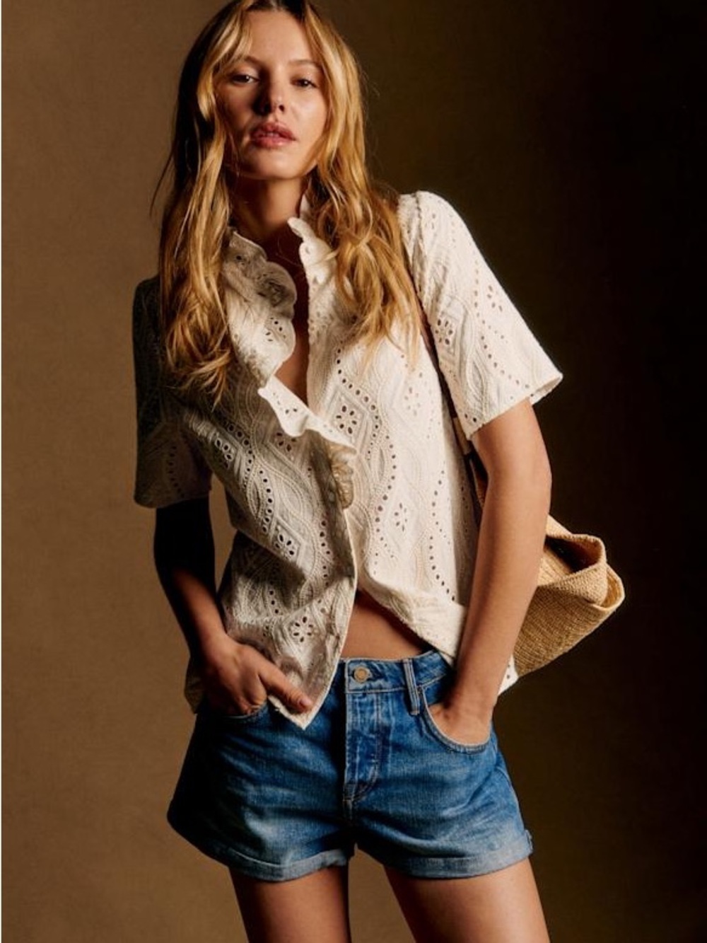 Sezane Dalhia Ecru Eyelet Ruffle-Trim Blouse Size 40